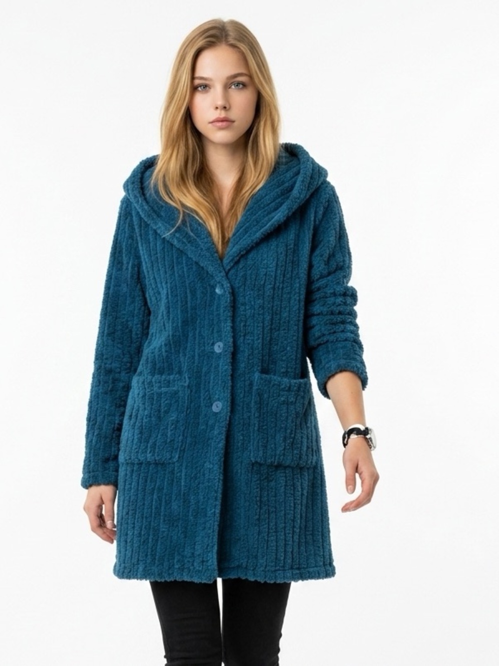 Berkshire Homewear Women's Blue blanket  XS‎ Blue Fleece 3 button cardigan coat